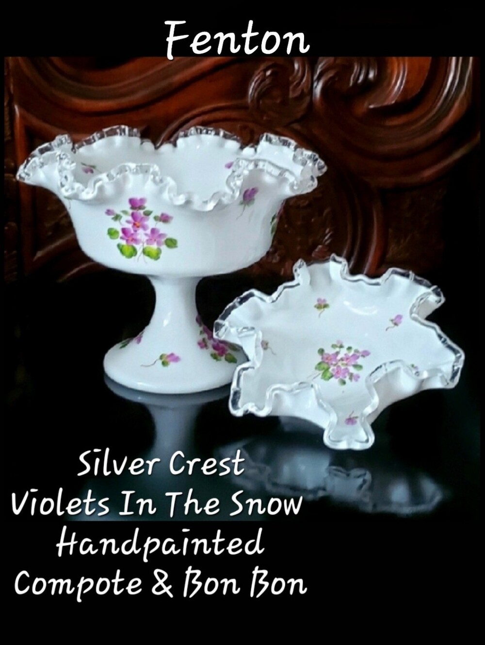 (2pc) Fenton Silver Crest 💜Violets In The Snow 🤍 Handpainted Compote & Bon Bon